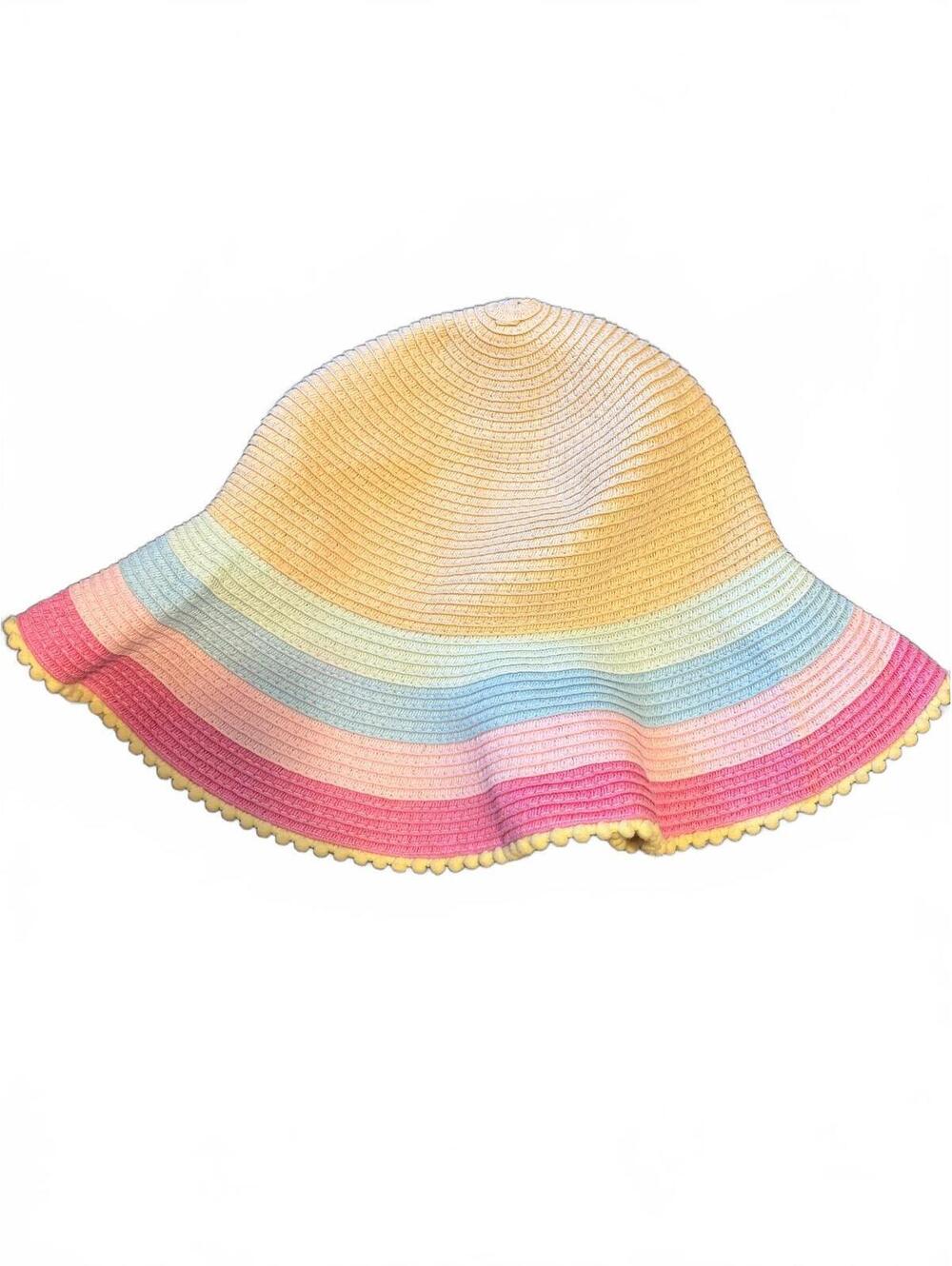Target Women's Rainbow Striped Wide Brim Straw Bucket Sun Hat with Pom Pom Trim